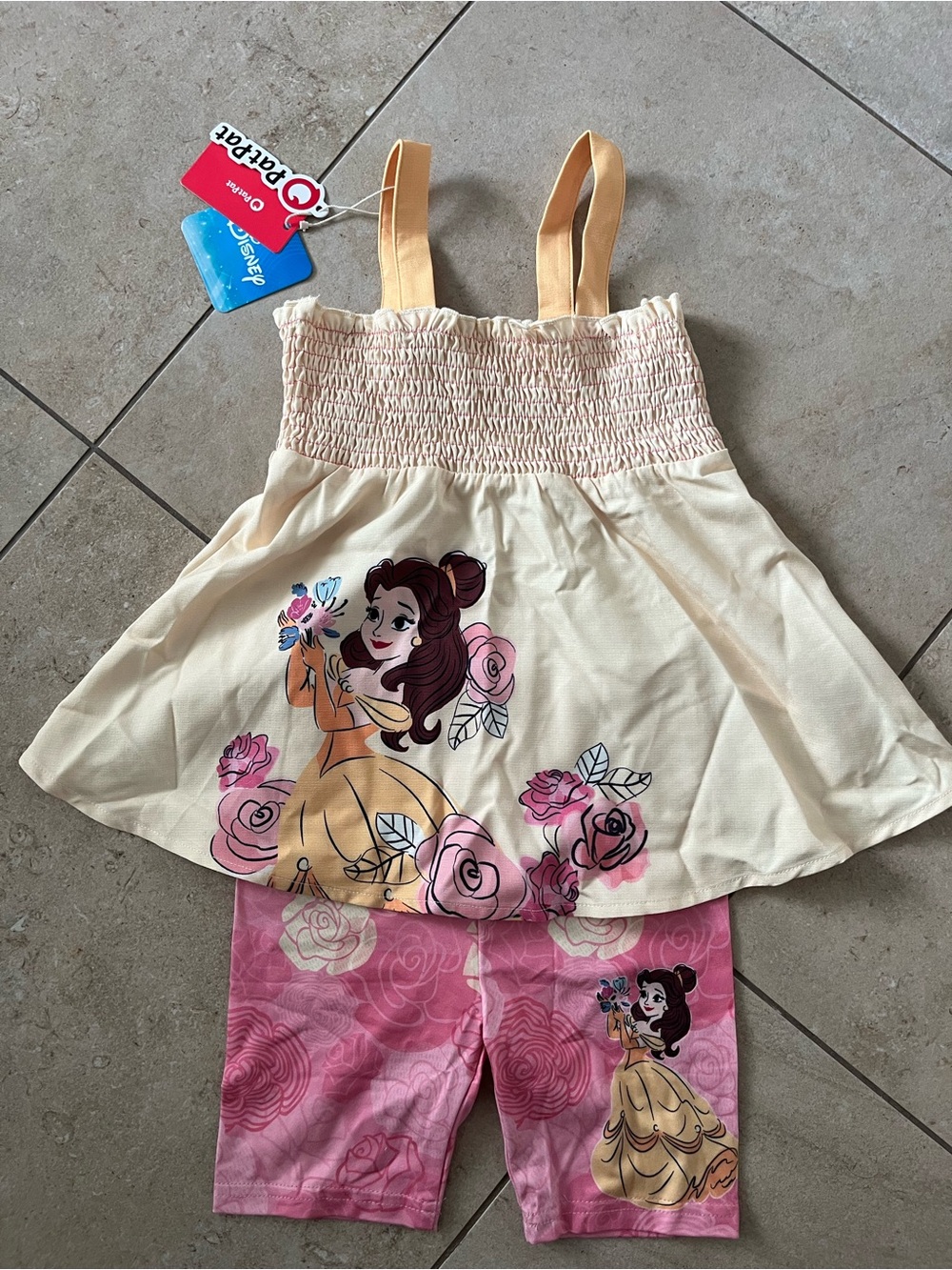 Disney Belle Cream & Pink Girls Top and Shorts Set